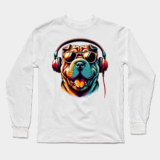 Grinning Chinese Shar-Pei as a Stylish Smiling DJ Long Sleeve T-Shirt